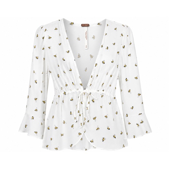 Tops - Free People Bee Print Tie Front Blouse Boho Bell Sleeve Sheer Top White S